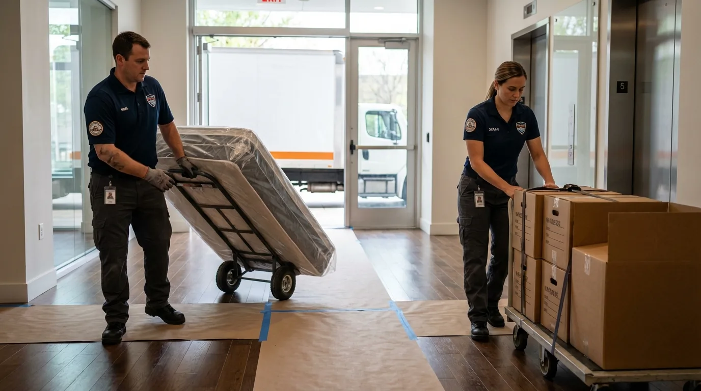 Professional apartment movers loading elevator in Nevada, MO